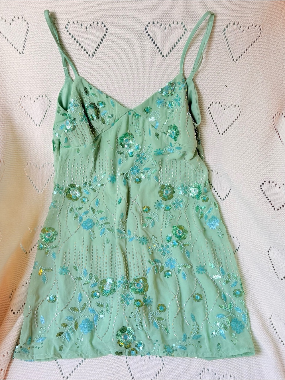 Embellished Sage Green Sequin Mini Dress with Spaghetti Straps